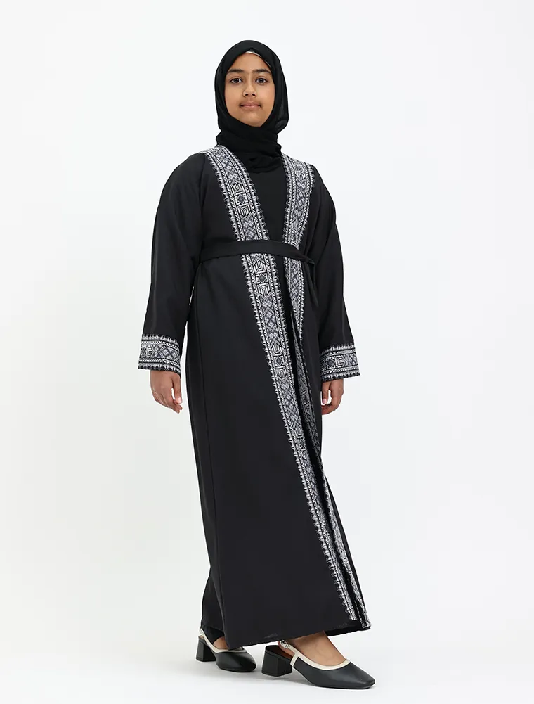 Black 2 Piece Moroccan Embroidery Girl Abaya